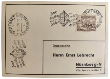 Postcard with SA stamps with nazi motto and Stuttgart stamp dated 28.3.38